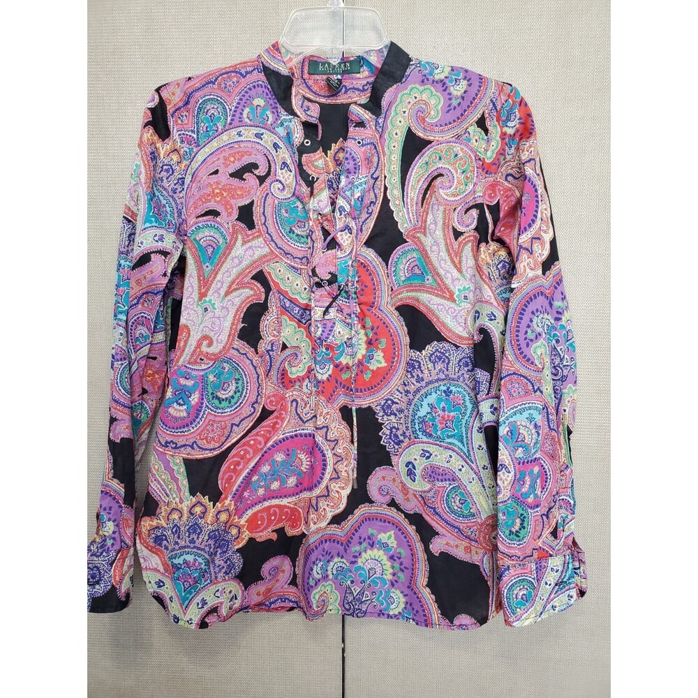 Lauren Ralph Lauren Cotton Paisley Lightweight Lace-Up Long Sleeve Top Size PM